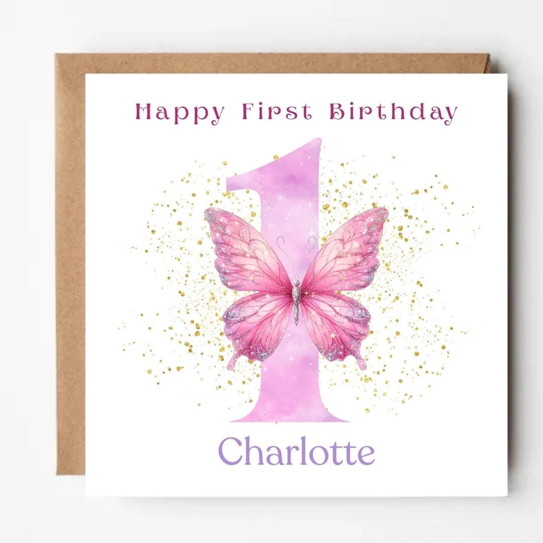 Personalized Baby Girl 1st Birthday Card, Big Number One Pink Butterfly Design
