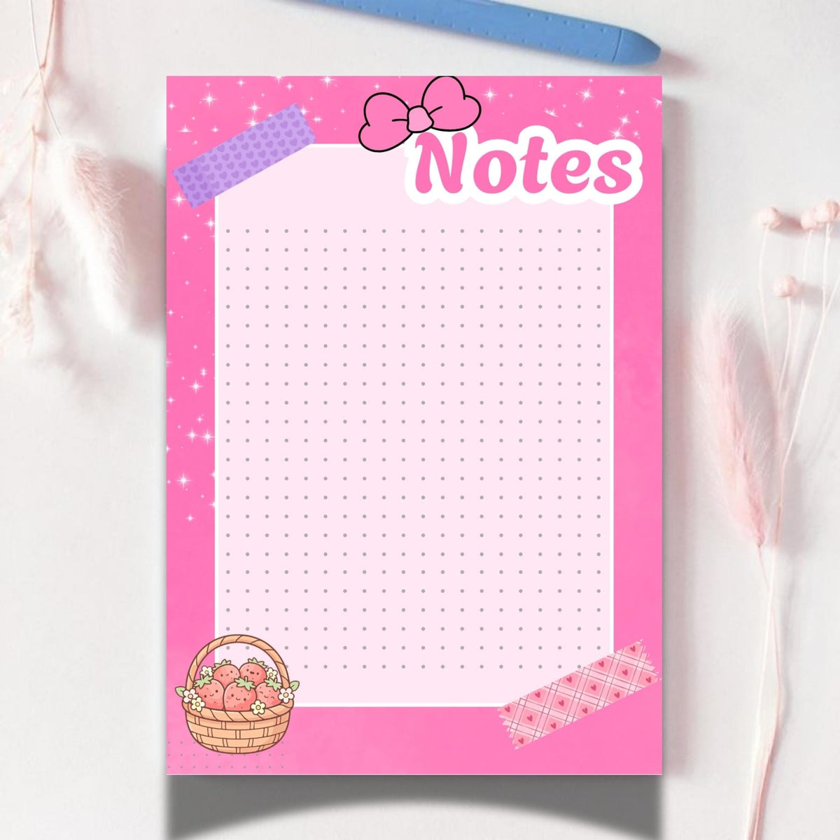 A5 notebook Pink Notes with dotted grids, Kawaii Stationery, 40 Tear-Off Planner Pages