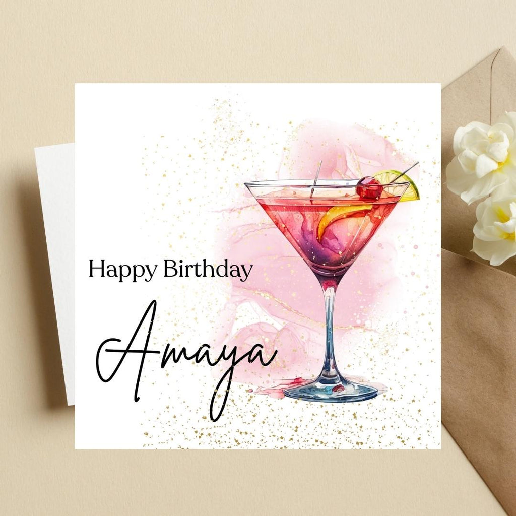 Personalized Cocktail Birthday Card – Custom Name Stylish Design For Her
