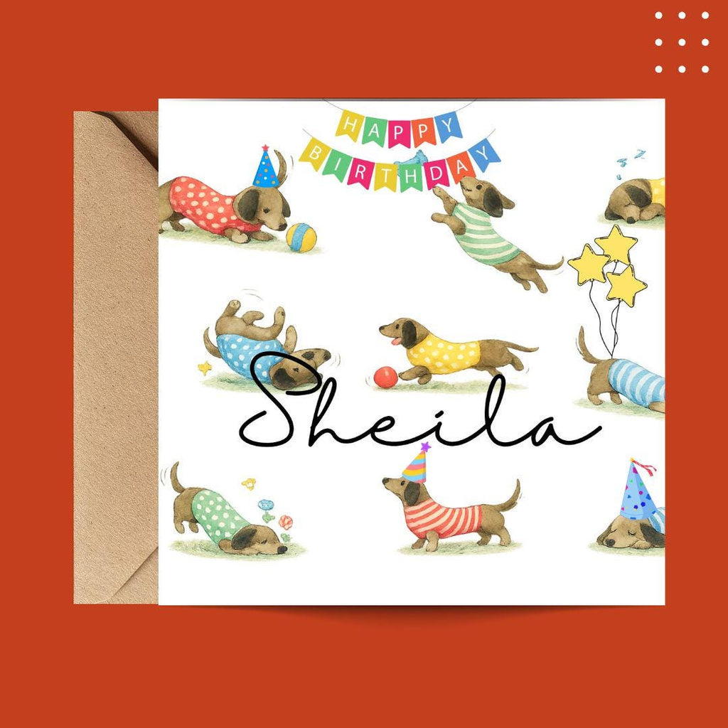 Personalized Sausage Dog Dachshund Birthday Card, Watercolor Wiener Dog Card With Custom Name