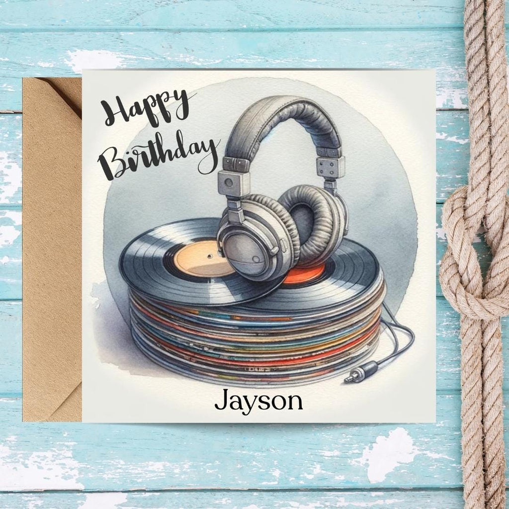 Personalized Music Lover Birthday Card, Vinyl Record & Headphones Design Custom Name, Teen Birthday Cards
