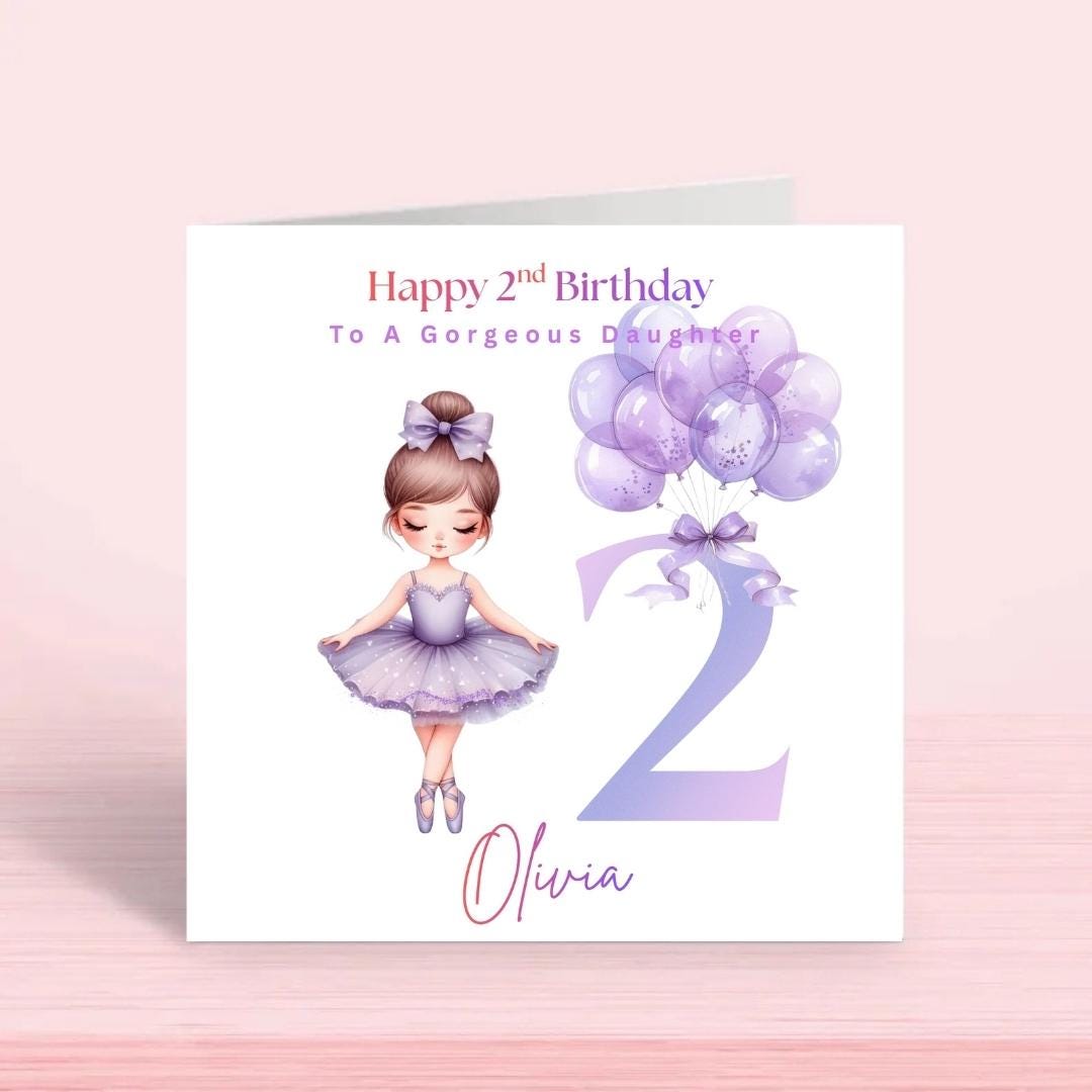 Personalized Ballerina 2nd Birthday Card, Purple Tutu Design, Daughter Niece Granddaughter