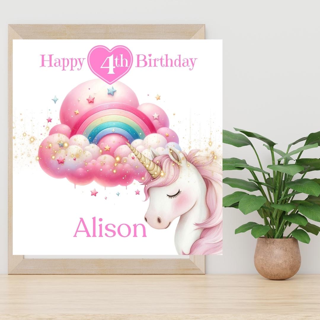 Personalized Unicorn 4th Birthday Card, Magical Rainbow Cloud Design