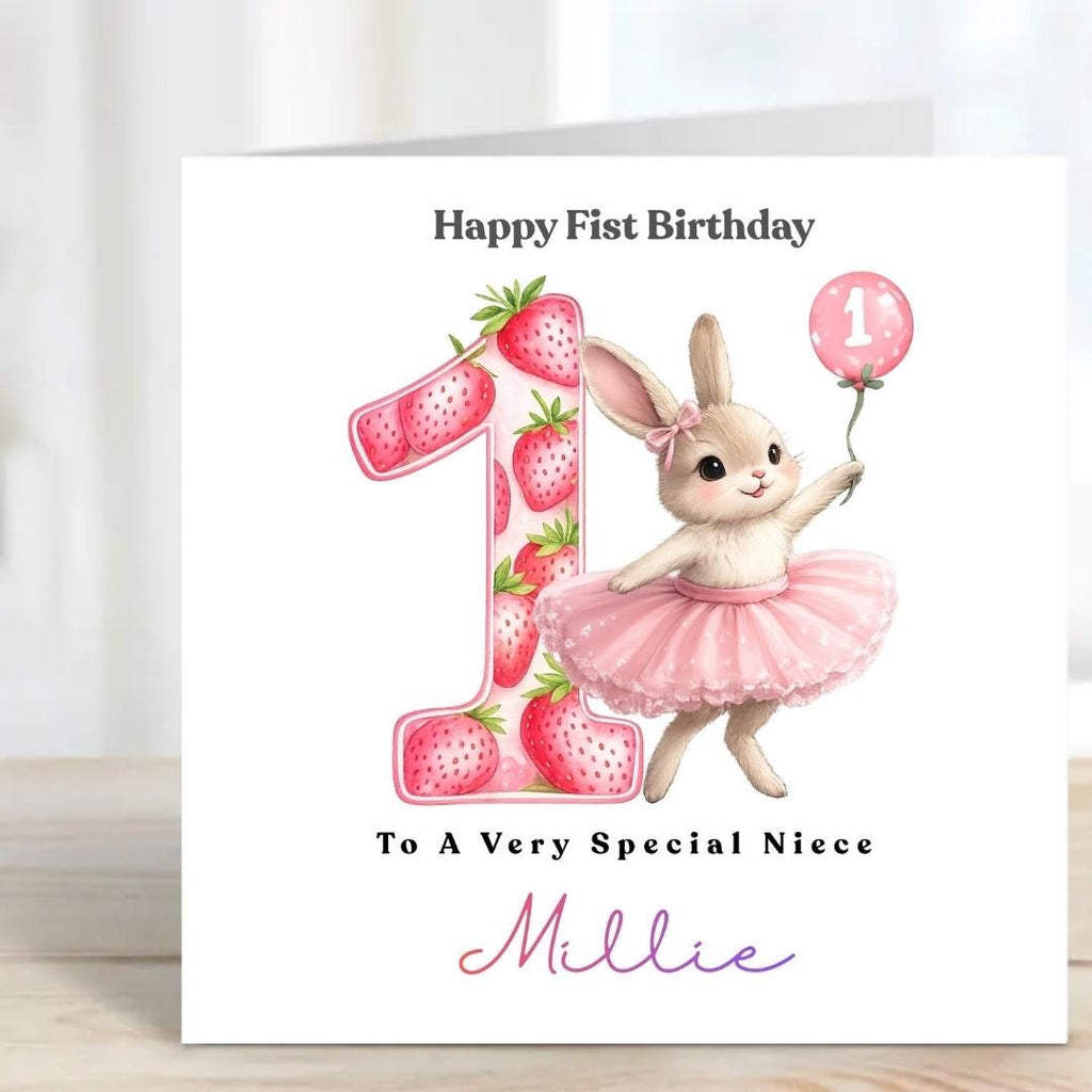 Personalized Strawberry 1st Birthday Card, Granddaughter Daughter Niece, Berry Sweet One with Bunny