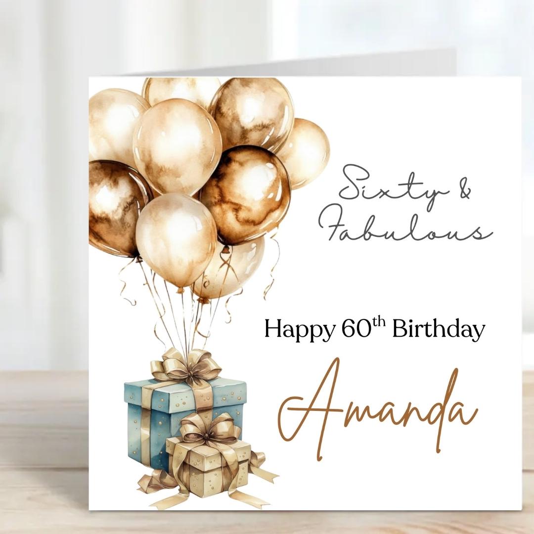 Personalised 60th Birthday Card For Mum, Sister – Gold Balloons, Custom Name Female Birthday Cards