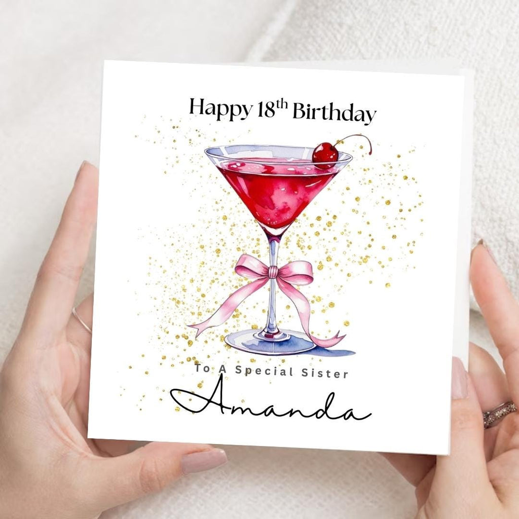 Personalised 18th Birthday Card for Sister, Custom Eighteenth Martini Birthday Cards For Her