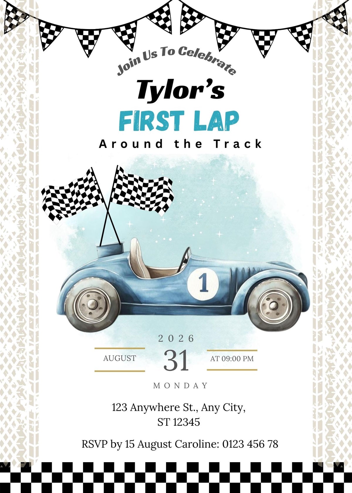 Race Car First Birthday Invitation Boy, | “First Lap” Racing Theme Invite | Editable Digital Printable 1st Birthday Invitation