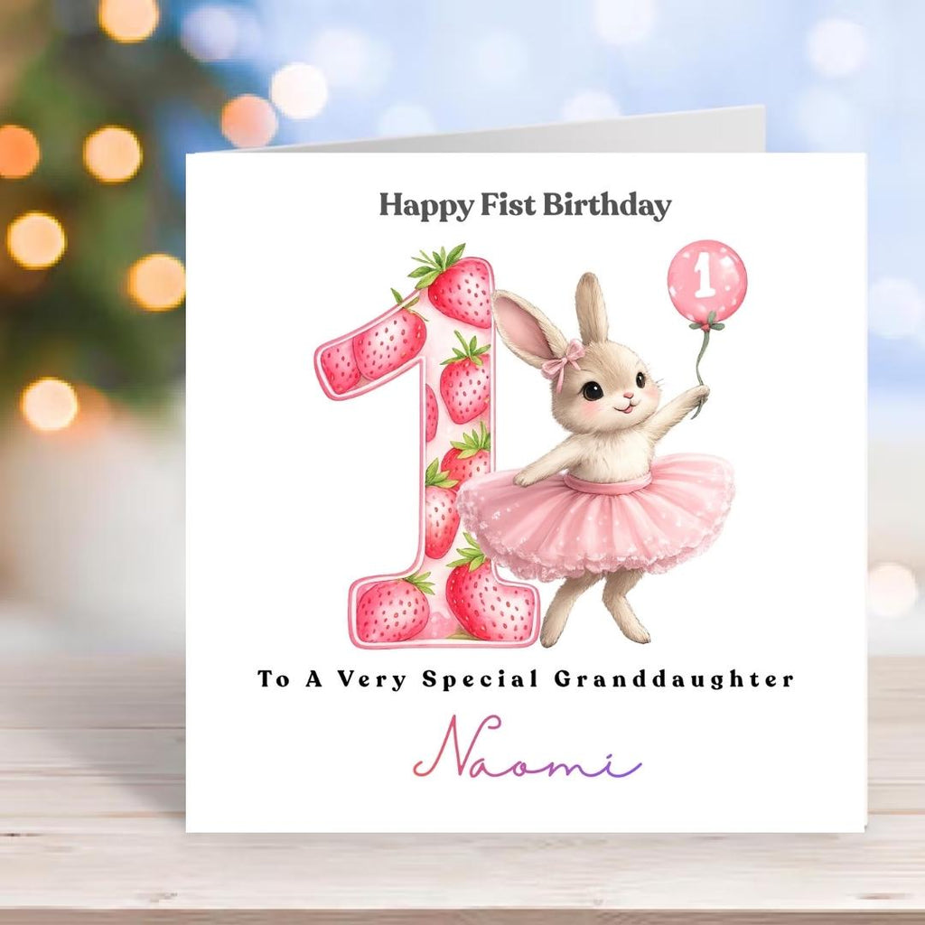 Personalized Strawberry 1st Birthday Card, Granddaughter Daughter Niece, Berry Sweet One with Bunny