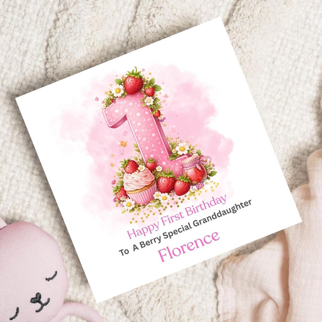Personalized Berry 1st Birthday Card For Granddaughter, Daughter First Birthday Cards, Strawberry Number One