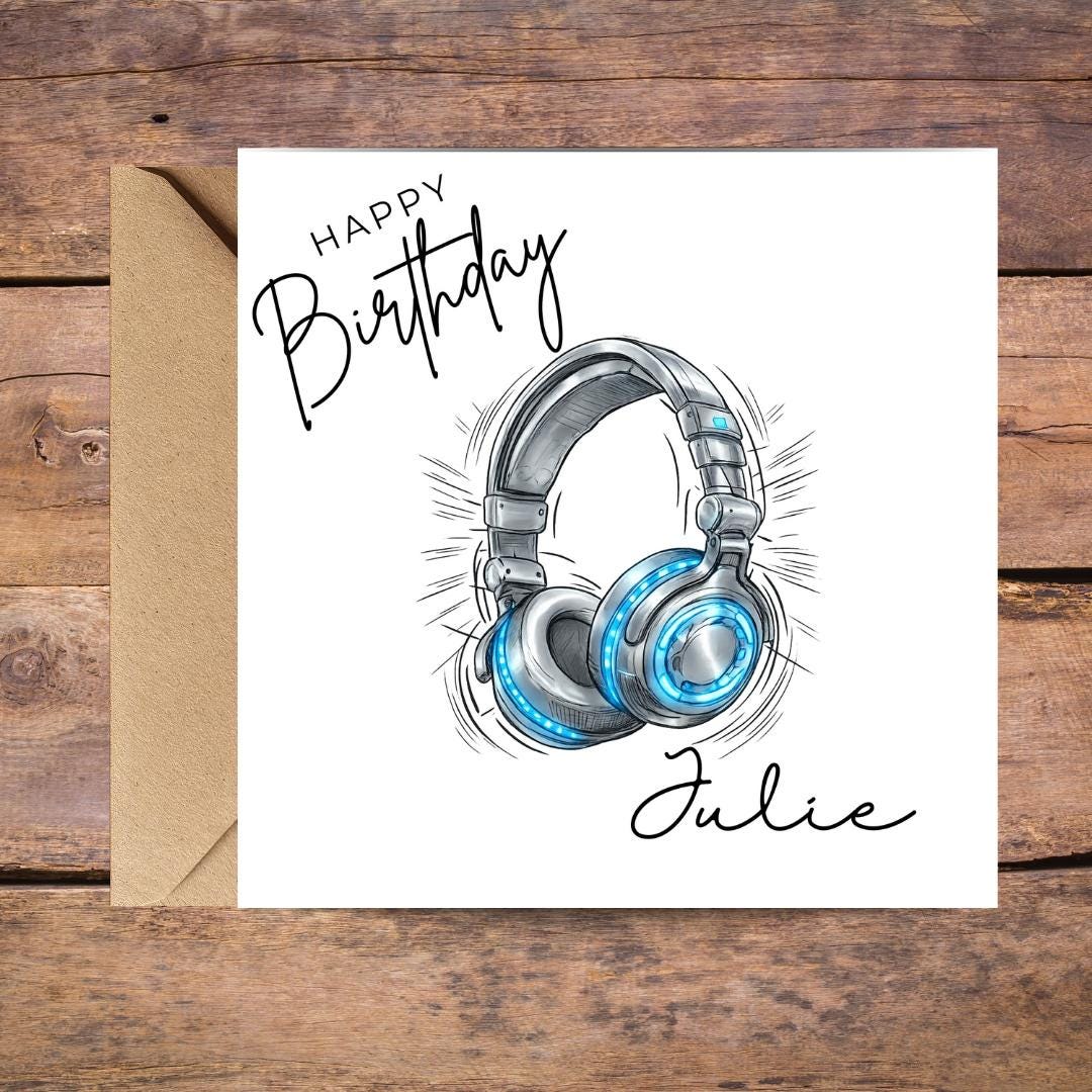 Personalized Music Lover DJ Birthday Card, Headphones Custom Name, Unisex Teen Birthday Cards
