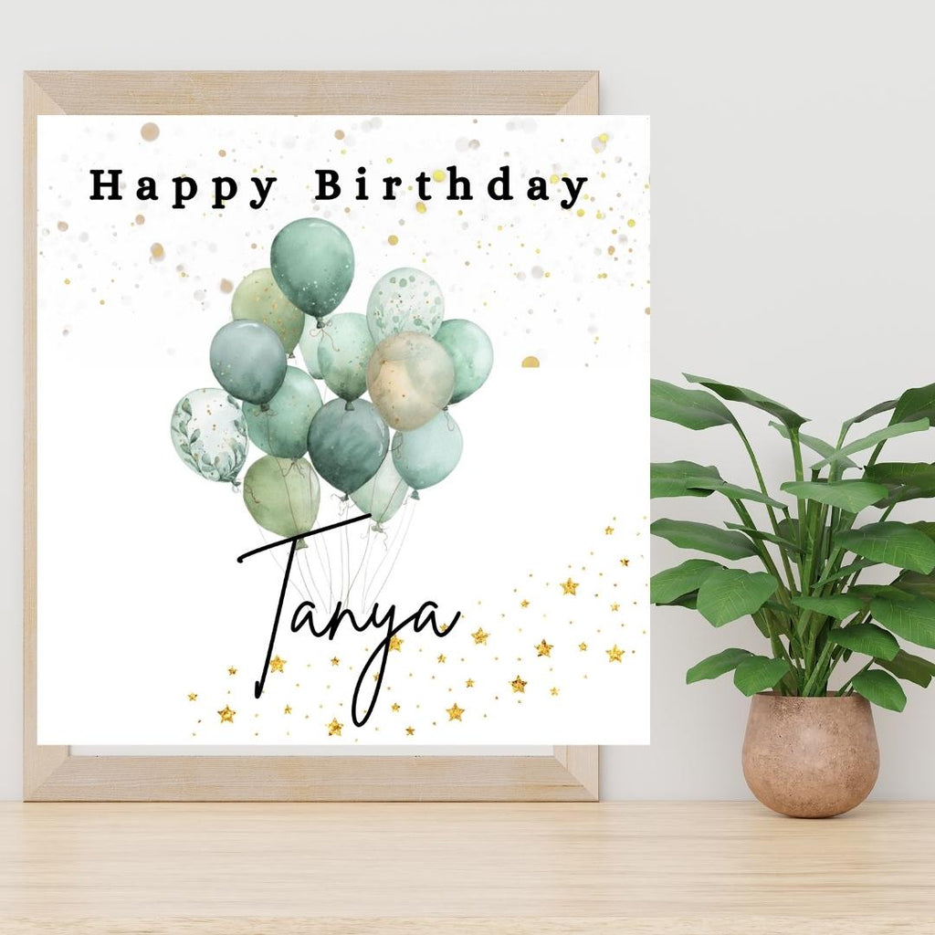 Personalized Birthday Card: Custom Name Balloons, Green Minimalist Design