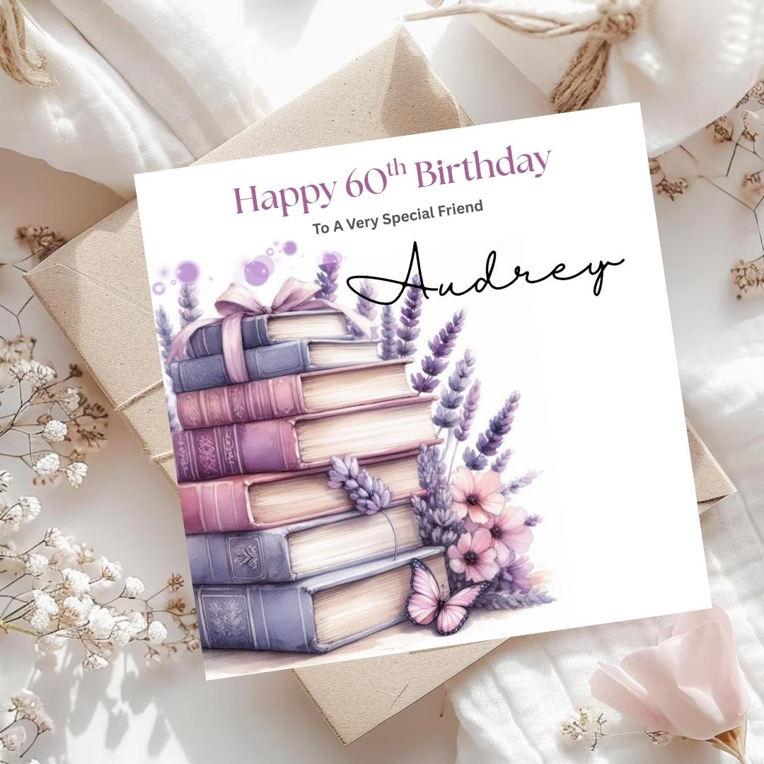 Personalised 60th Birthday Card, Book Lover Design, Custom Name Greeting