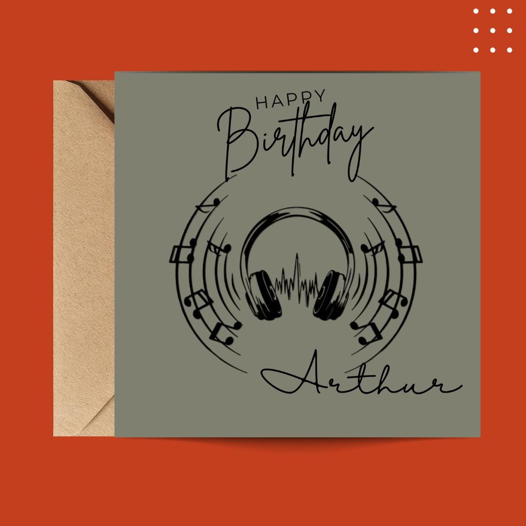Personalized Music Birthday Card, Vinyl Headphones Custom Name, Unisex Teen Birthday Cards