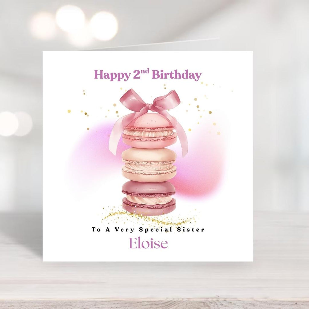 Personalized 2nd birthday card for Granddaughter, Pastel Macaroon Bow Design Baby Girl Card