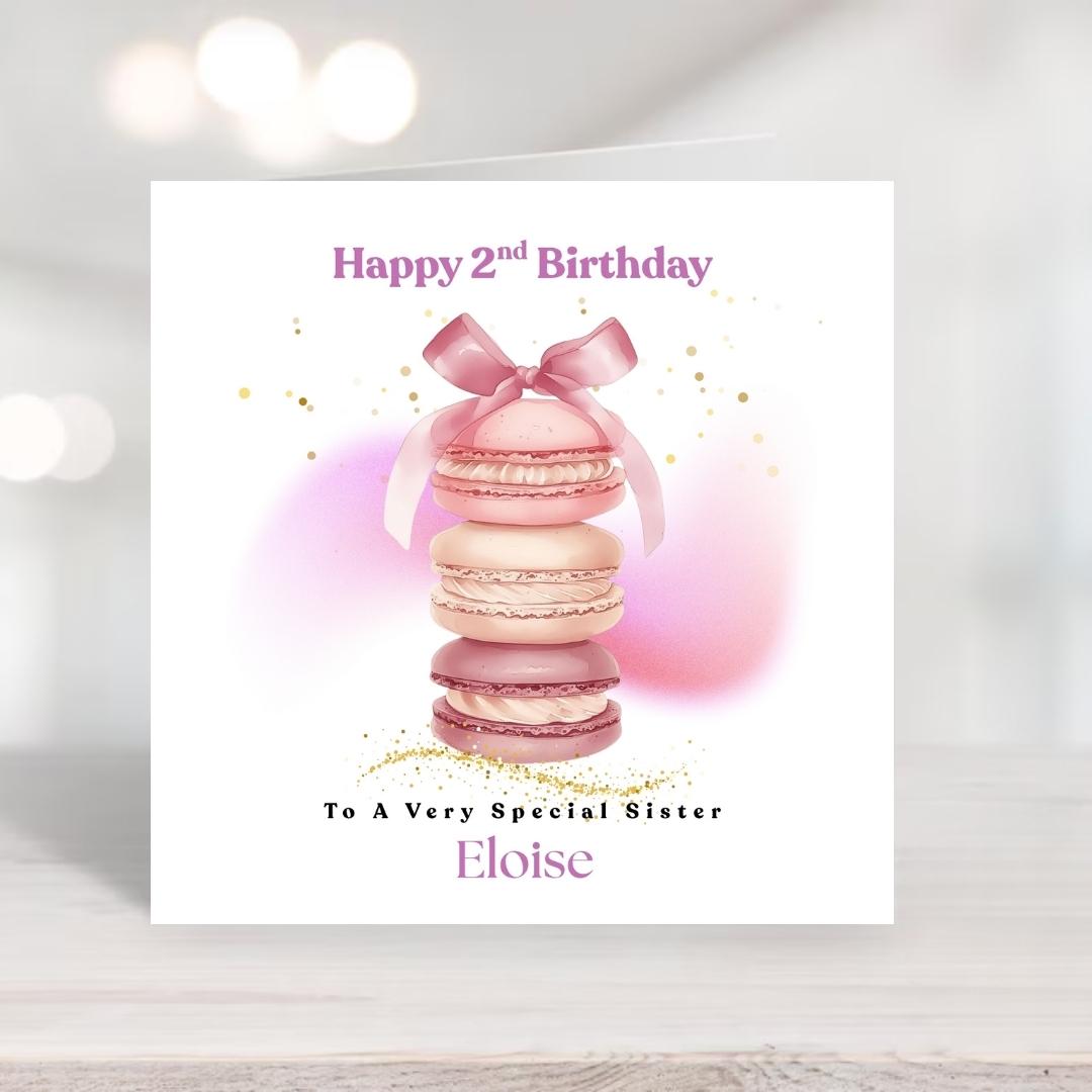 Personalized 2nd birthday card for Granddaughter, Pastel Macaroon Bow Design Baby Girl Card