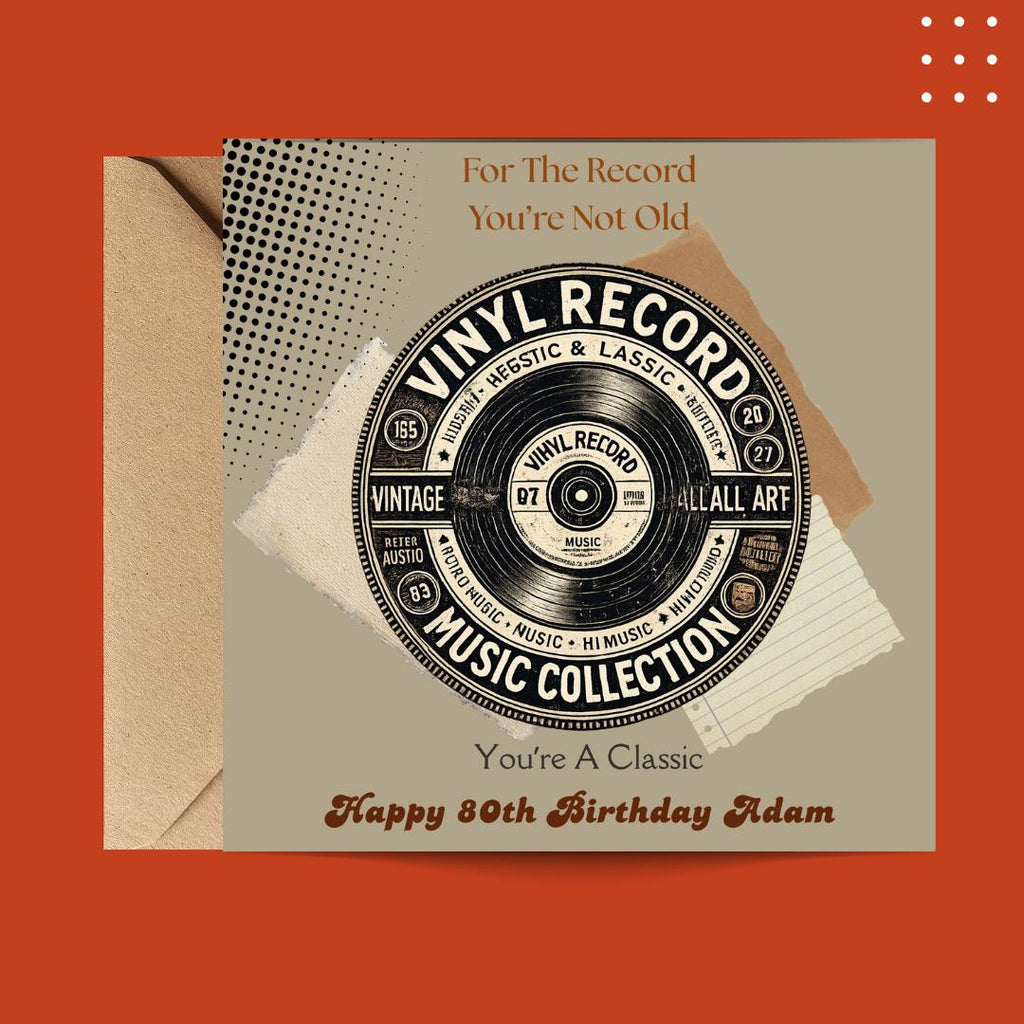 Funny 80th Birthday Card For Husband, Dad, Grandpa, Uncle - Record Player Humour Greeting Cards