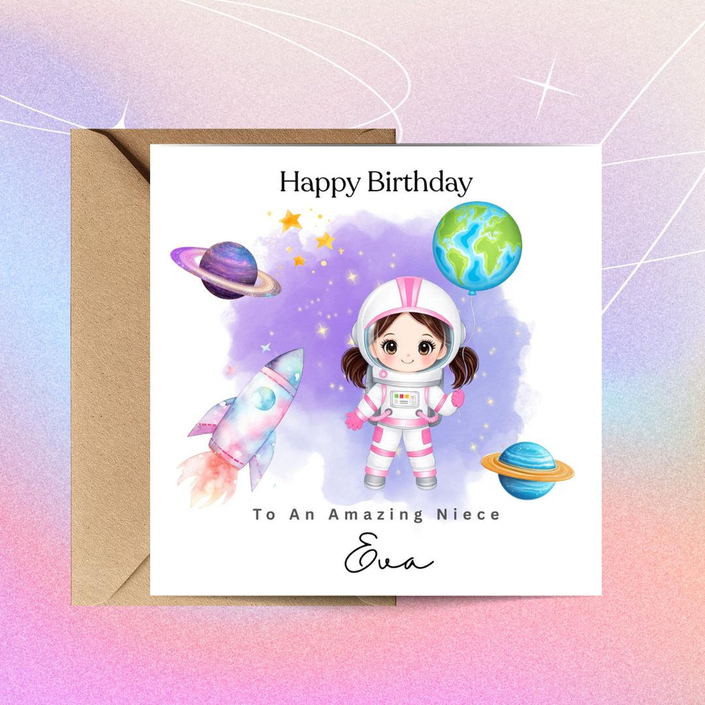 Personalized Astronaut Birthday Card – Space Rocket, Planets, Custom Age (For Girls)