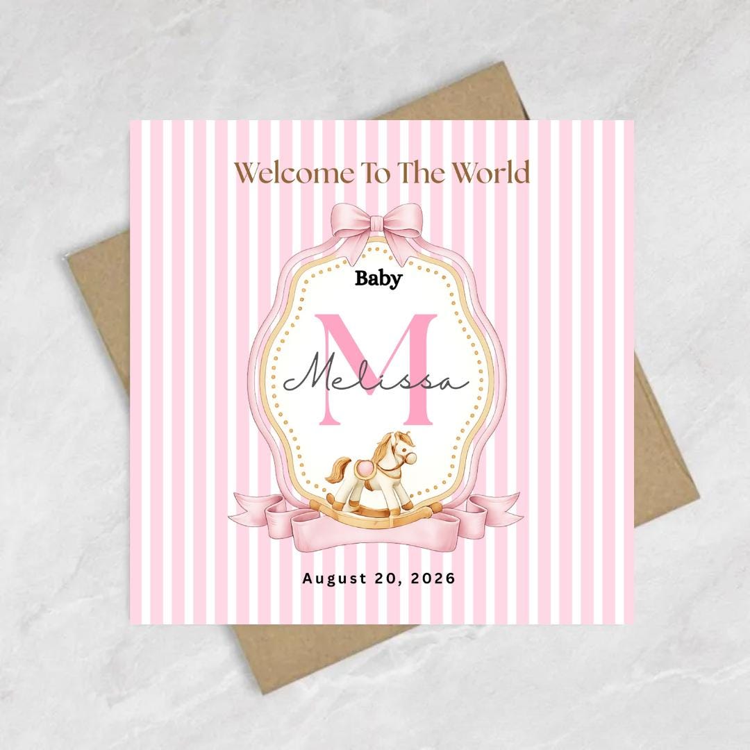 Personalised Baby Girl Welcome Card, Custom Name Initial, New born Congratulations