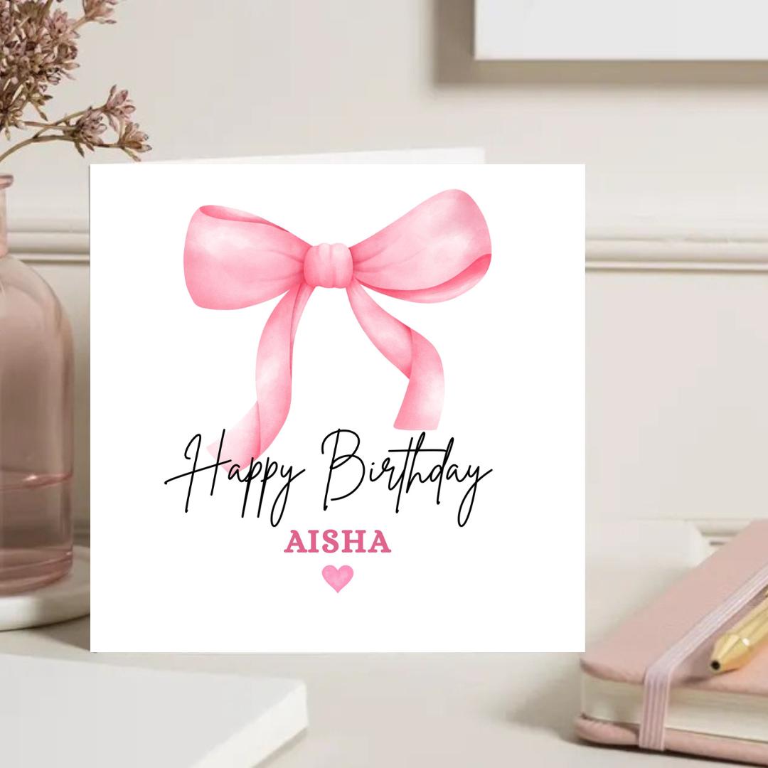 Personalized Coquette Bow Birthday Card For Her, Custom Name Girls Birthday Cards