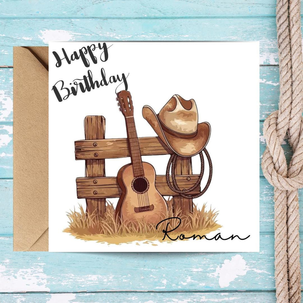 Personalised Cowboy Birthday Card, Rustic Western Guitar Hat Design, Custom Name For Him