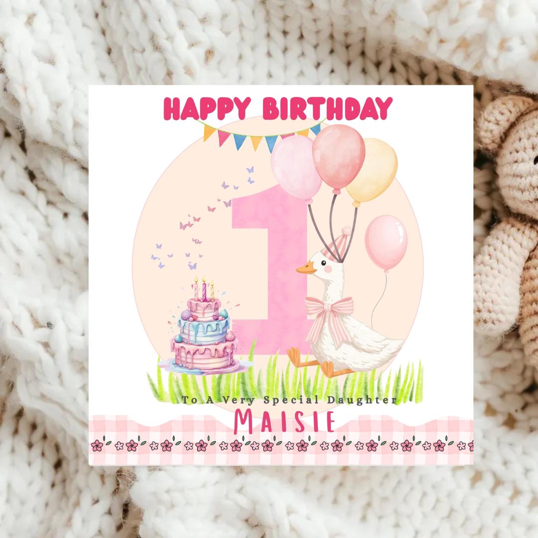 Personalised Goose 1st Birthday Card: Daughter, Granddaughter, Goddaughter, Niece