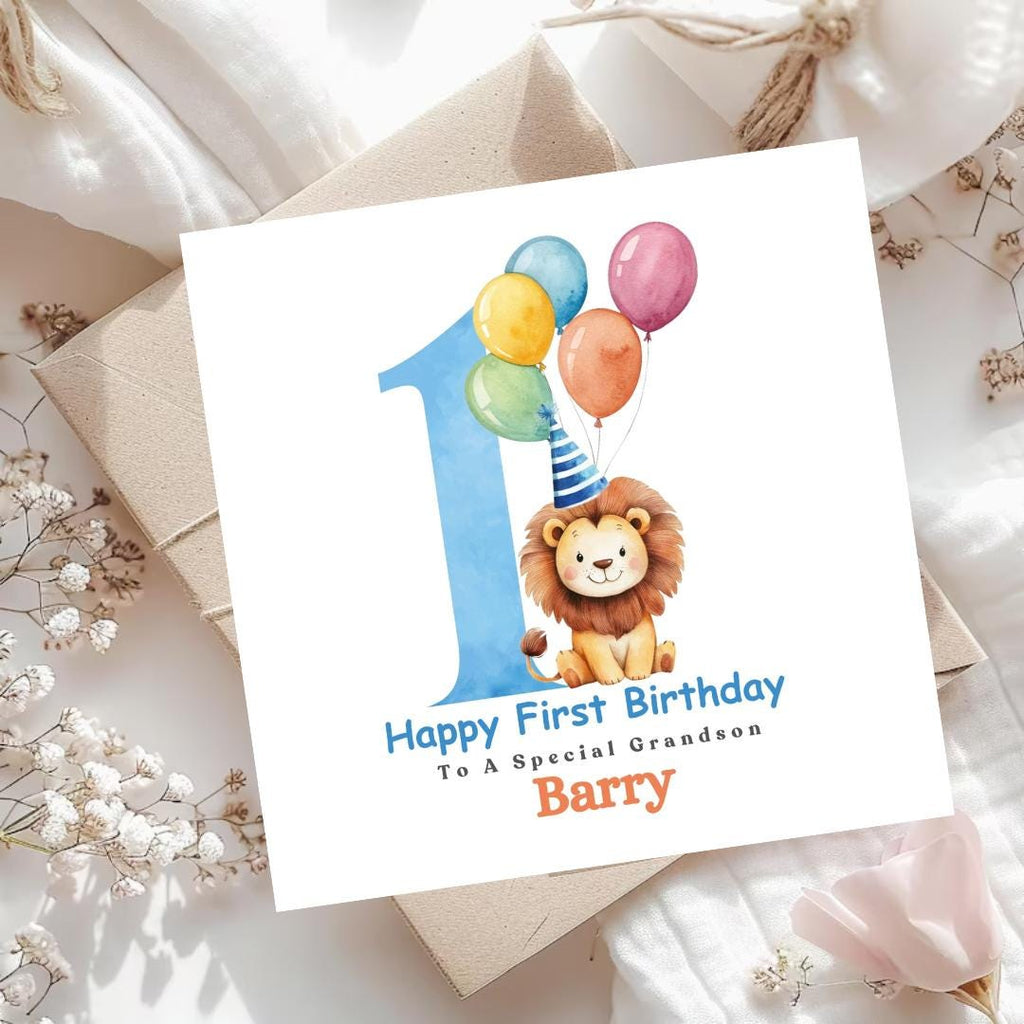 Personalised 1st Birthday Card for Grandson, First Birthday Lion Card, Custom Relationship & Name, 1 Year Old Cards
