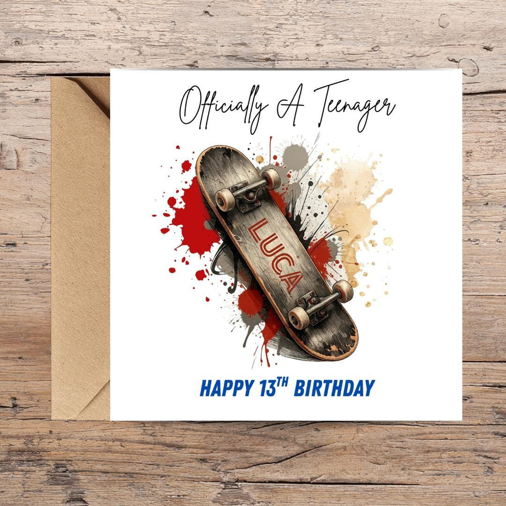 Personalized Skateboard Card, Officially Teenager, Happy 13th Birthday