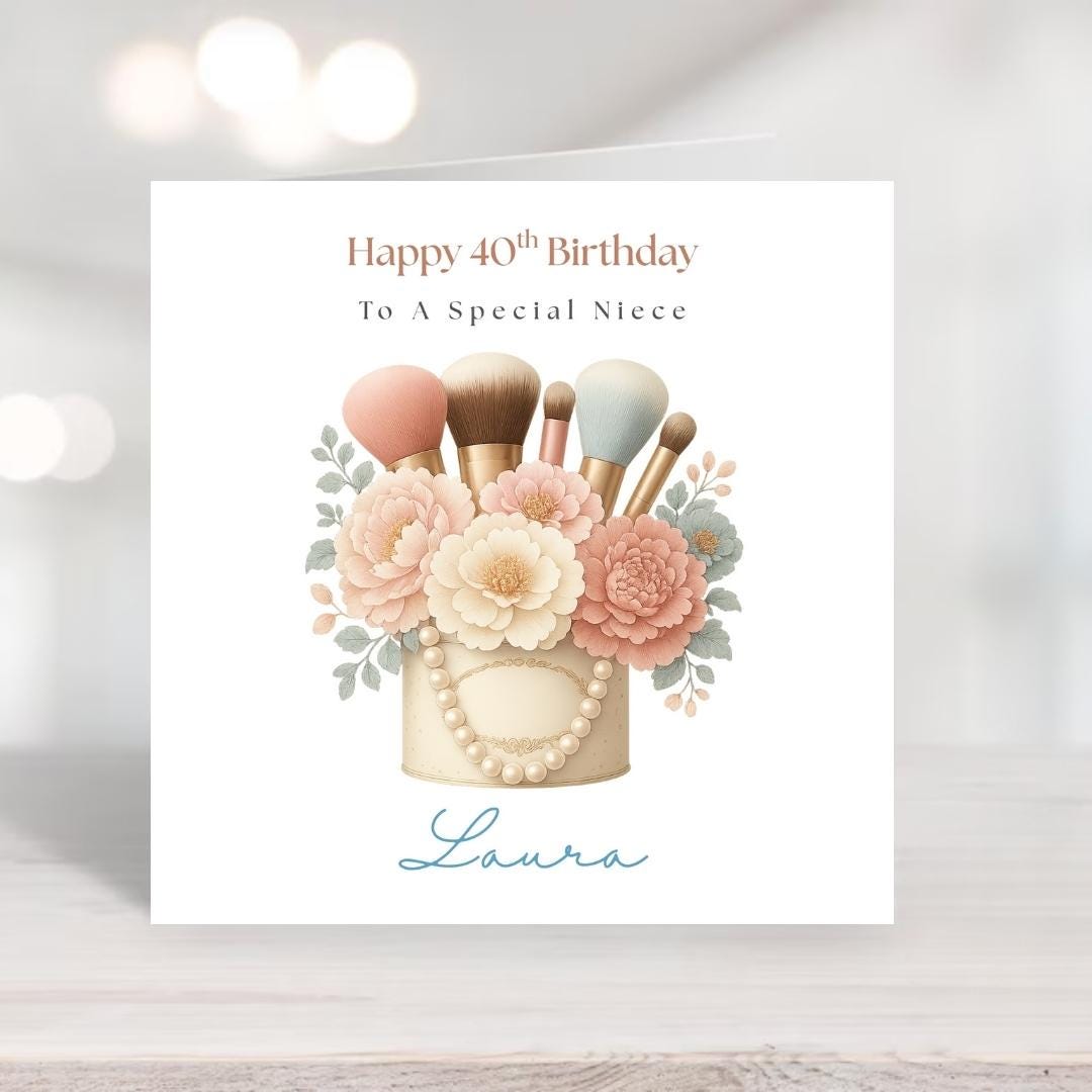 Personalised Sister Birthday Card – Makeup Brushes, Pearls, Floral Design Custom Age