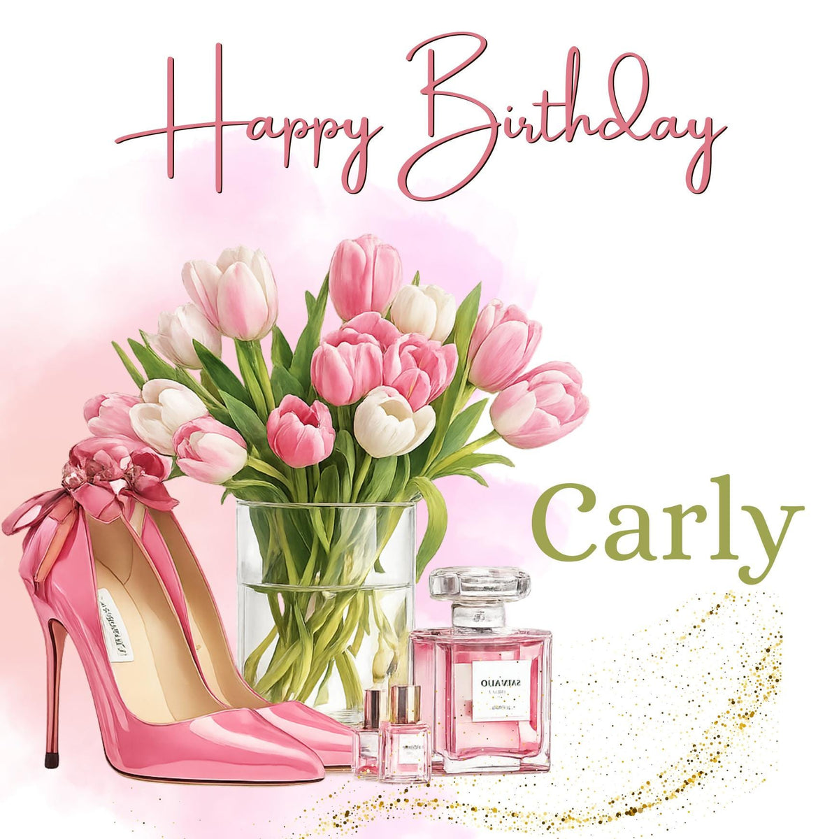 Personalized Pink Tulips Birthday Card, Elegant Fashion Heels Perfume Greetings