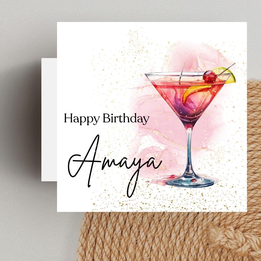 Personalized Cocktail Birthday Card – Custom Name Stylish Design For Her