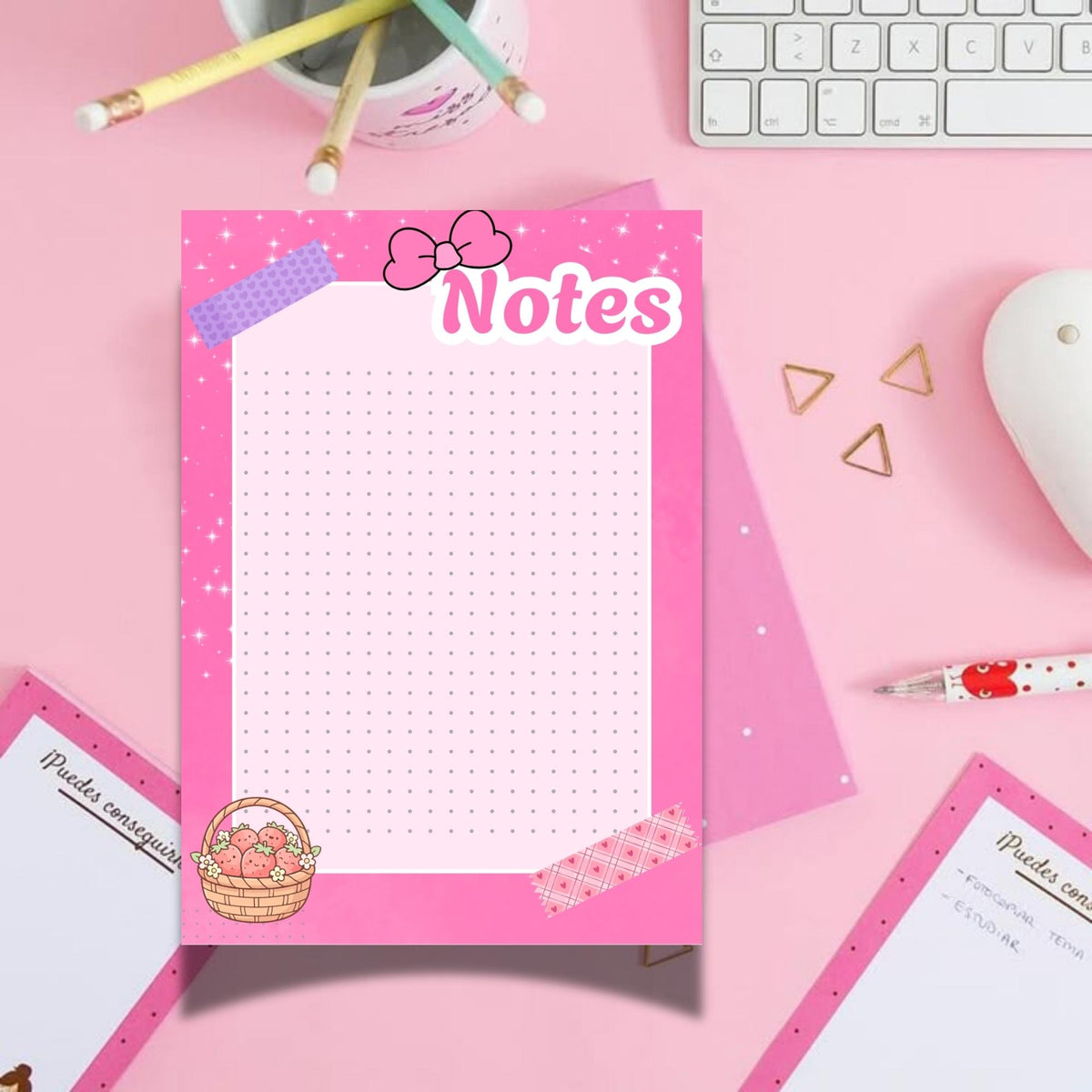 A5 notebook Pink Notes with dotted grids, Kawaii Stationery, 40 Tear-Off Planner Pages