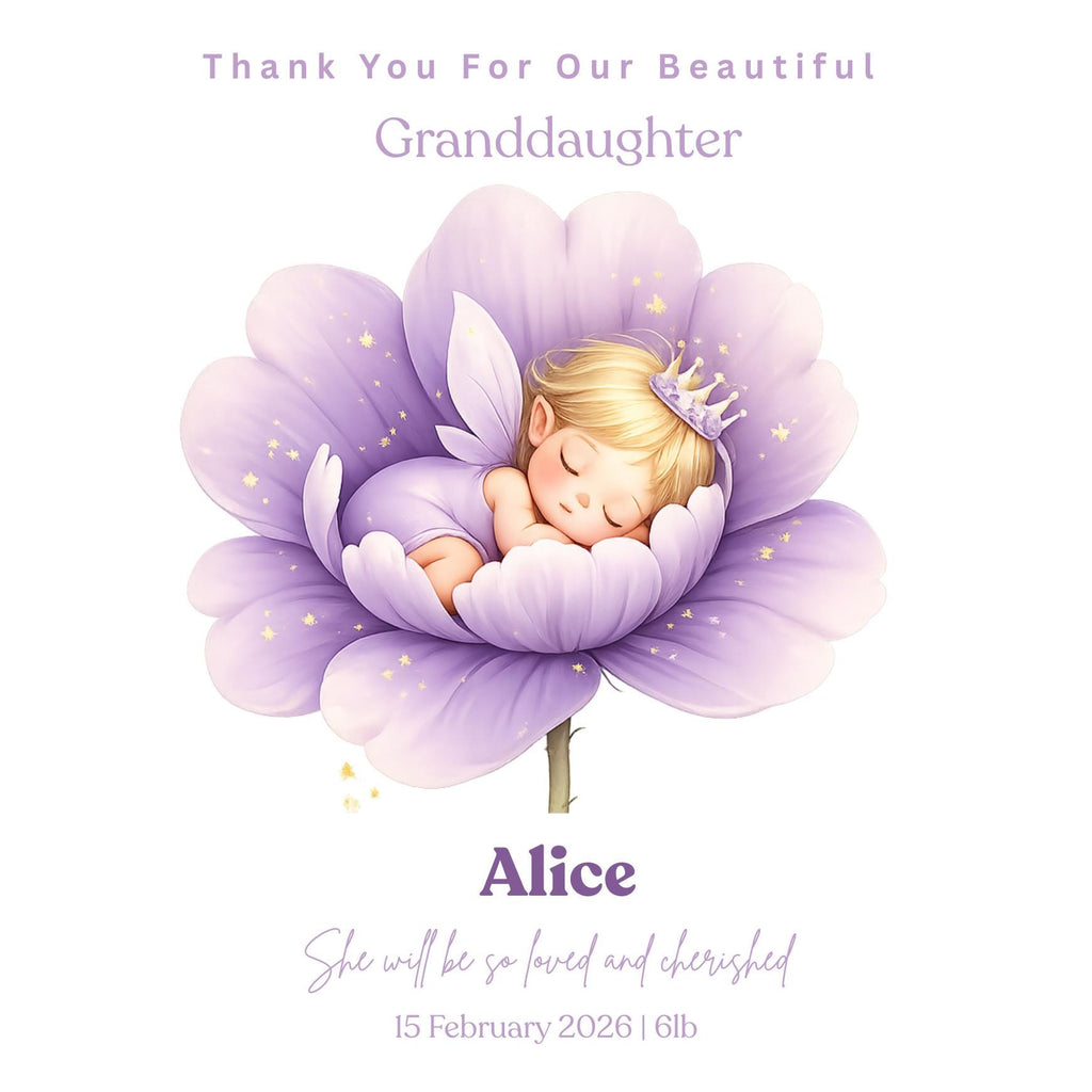 Personalized Granddaughter Card, Baby Girl Welcome, Purple Flower Design