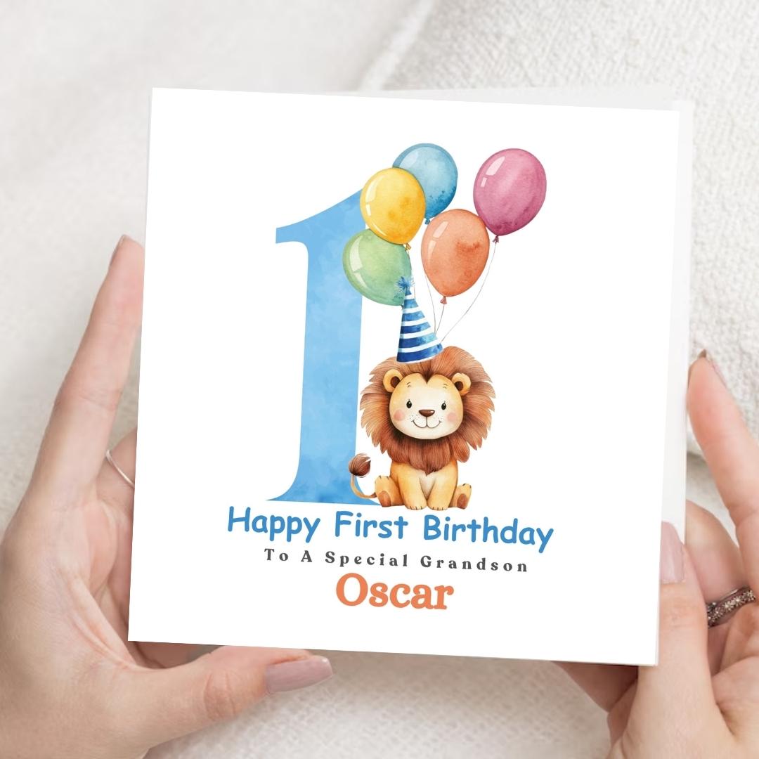 Personalised 1st Birthday Card for Grandson, First Birthday Lion Card, Custom Relationship & Name, 1 Year Old Cards