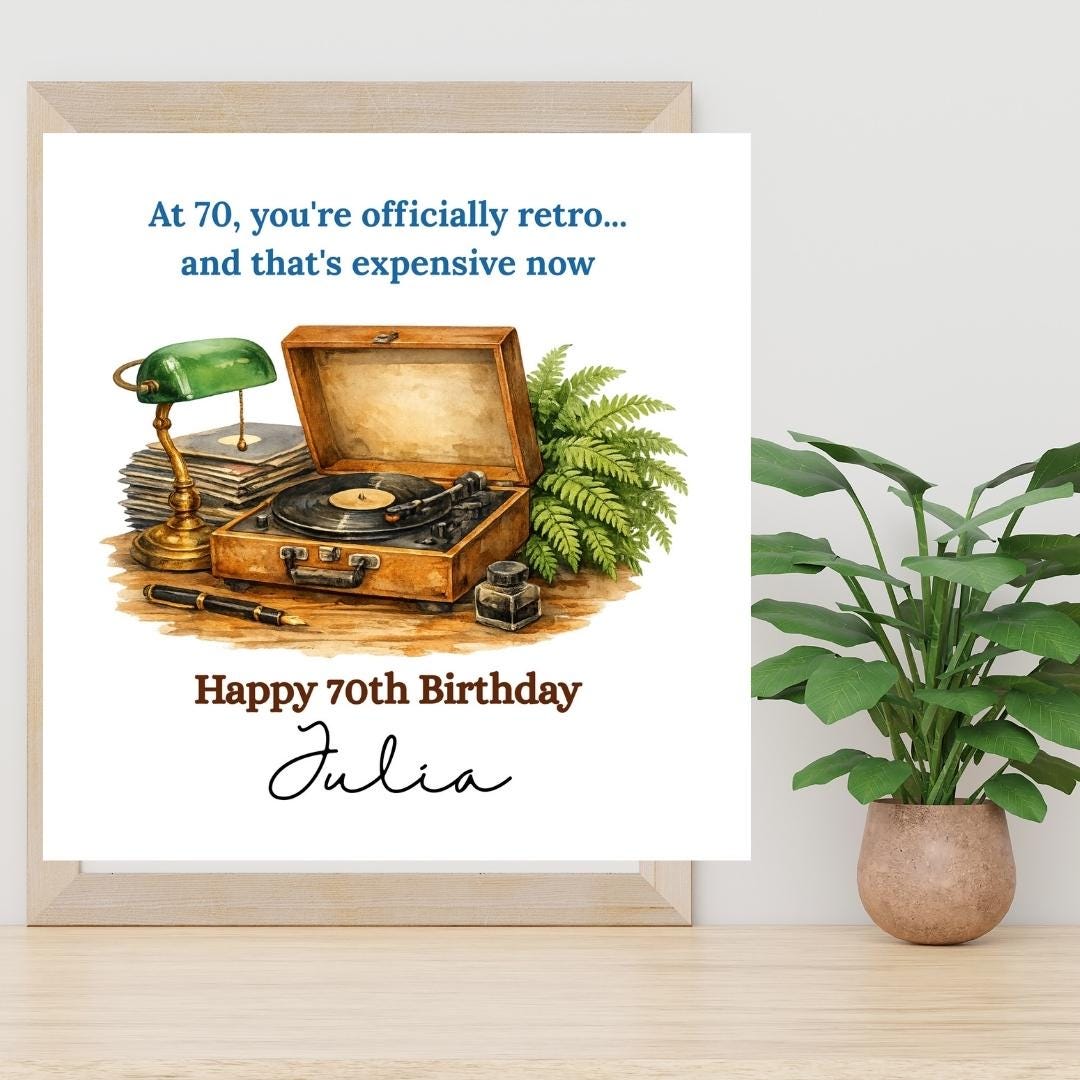 Funny 70th Birthday Card for Wife, Personalised Retro Vinyl Record Birthday Card For Husband