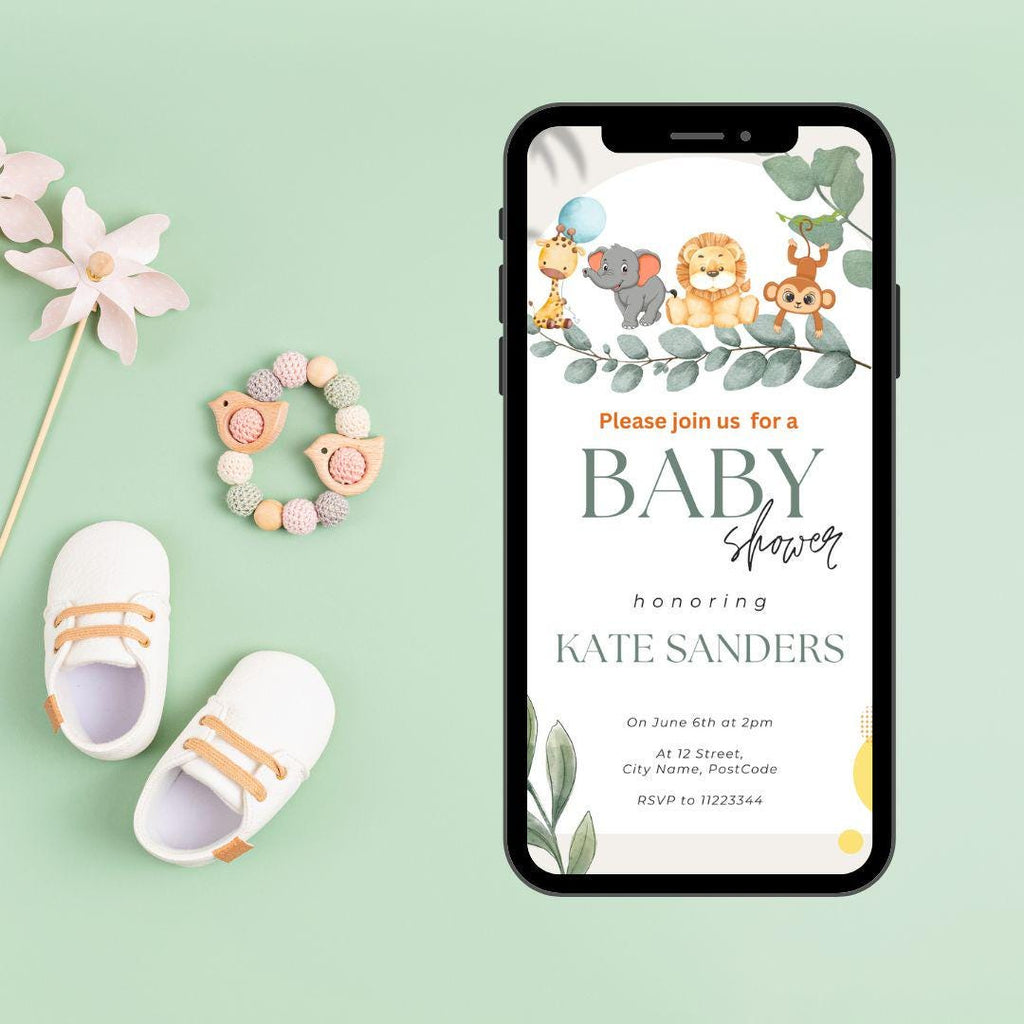 Baby Shower Invitation Template, Jungle Safari Baby Animals Shower Invite, Editable Gender Neutral Baby Shower, Digital Download