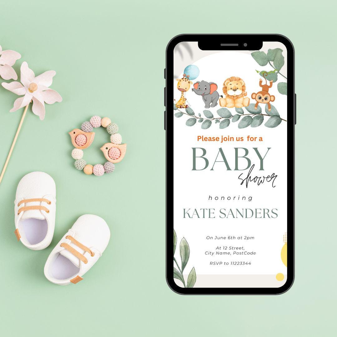Baby Shower Invitation Template, Jungle Safari Baby Animals Shower Invite, Editable Gender Neutral Baby Shower, Digital Download
