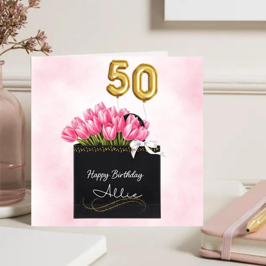 Personalized 50th Birthday Card For Her, Floral Pink Tulips Elegant Fashion Gift Bag Greeting For Her