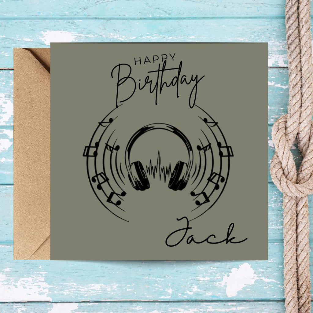 Personalized Music Birthday Card, Vinyl Headphones Custom Name, Unisex Teen Birthday Cards