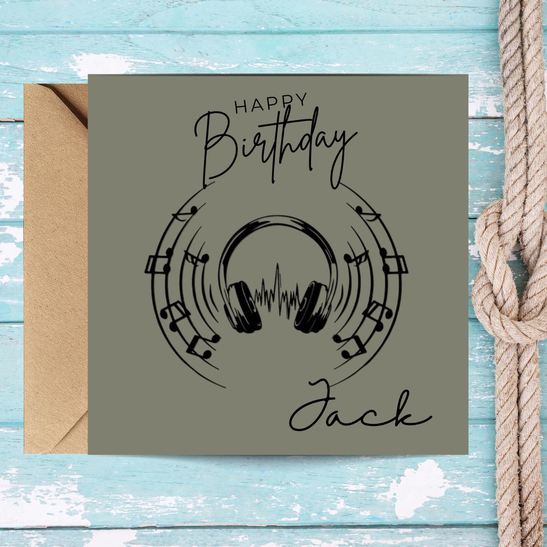 Personalized Music Birthday Card, Vinyl Headphones Custom Name, Unisex Teen Birthday Cards