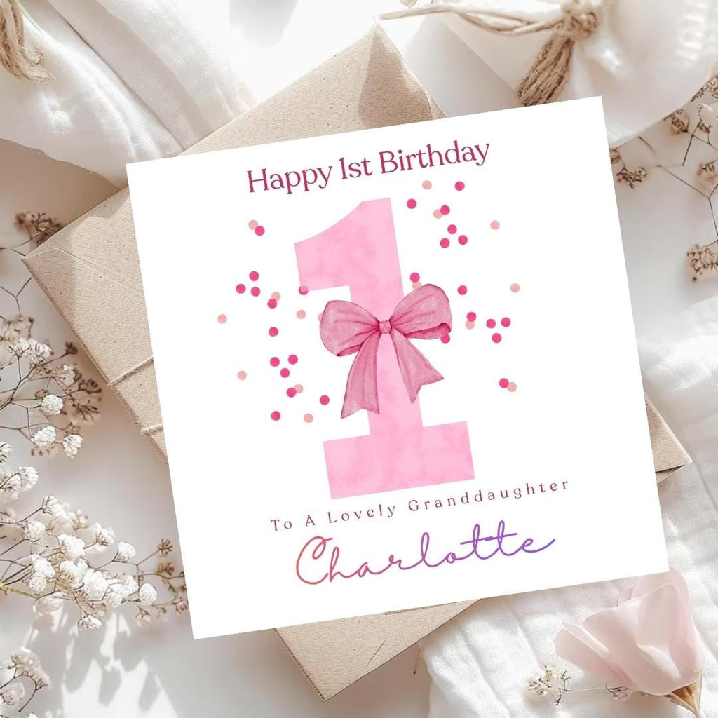 Personalized 1st Birthday Card For Granddaughter, Pink Bow Design