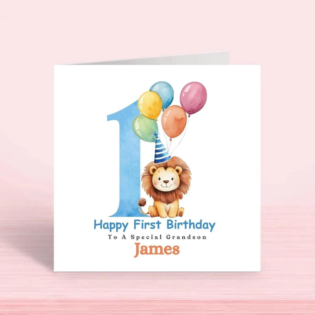 Personalised 1st Birthday Card for Grandson, First Birthday Lion Card, Custom Relationship & Name, 1 Year Old Cards