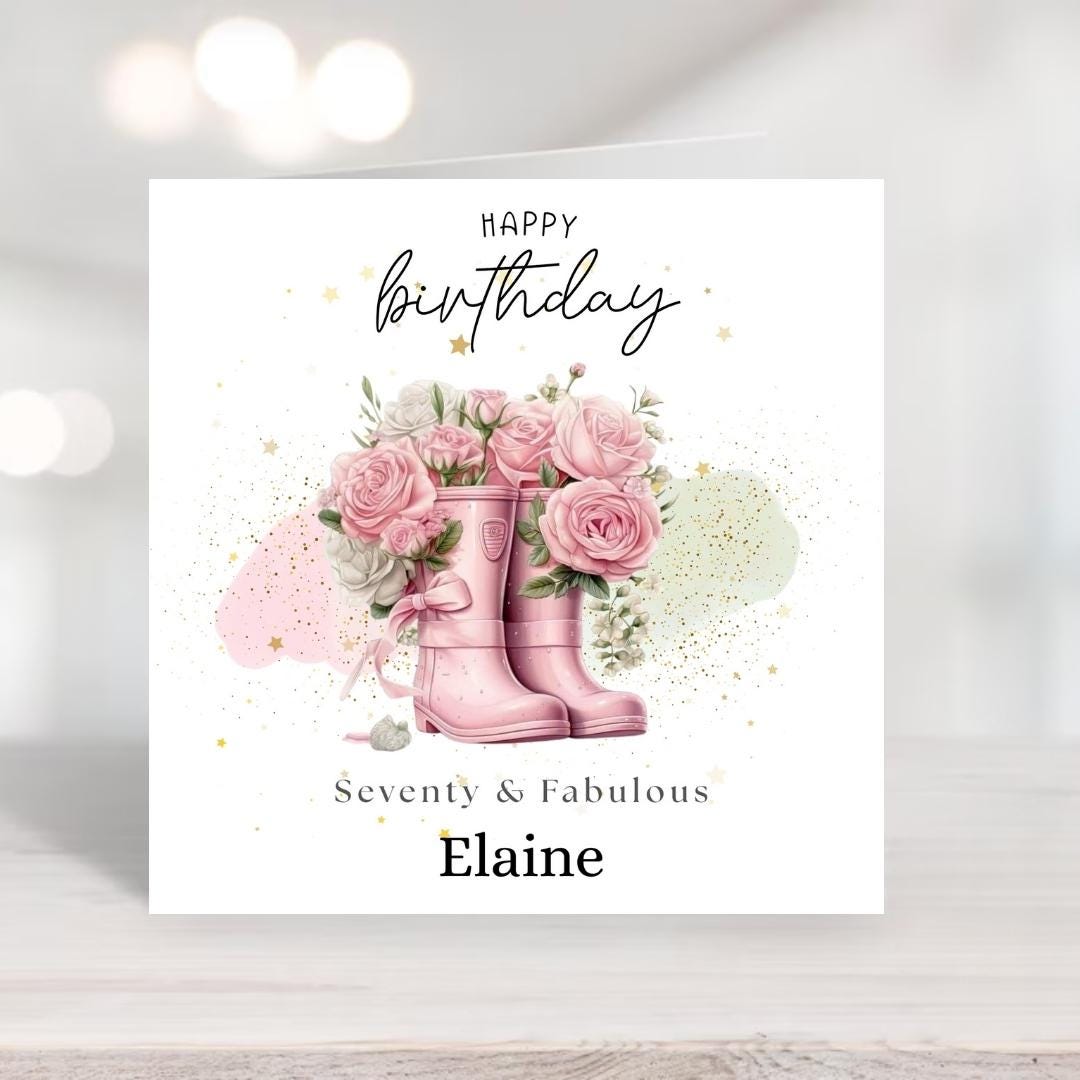 Personalized 70th Birthday Card, Gardener Pink Wellies Floral Rose Design Keepsake Milestone