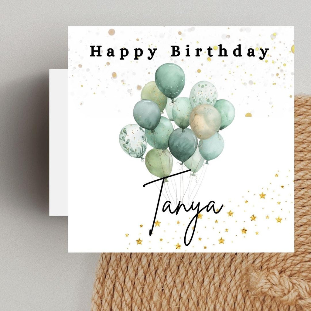 Personalized Birthday Card: Custom Name Balloons, Green Minimalist Design