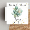 Personalized Birthday Card: Custom Name Balloons, Green Minimalist Design