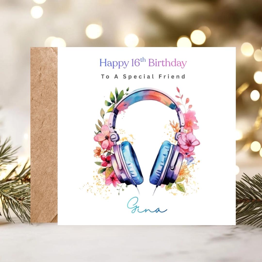 Personalized 16th Birthday Card, Music Lover Headphones, Custom Name Cards For Daughter