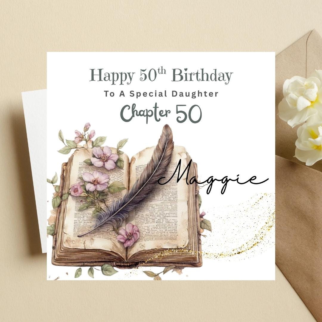 Personalized 50th Birthday Card, Daughter Chapter 50 Open Book Floral Design