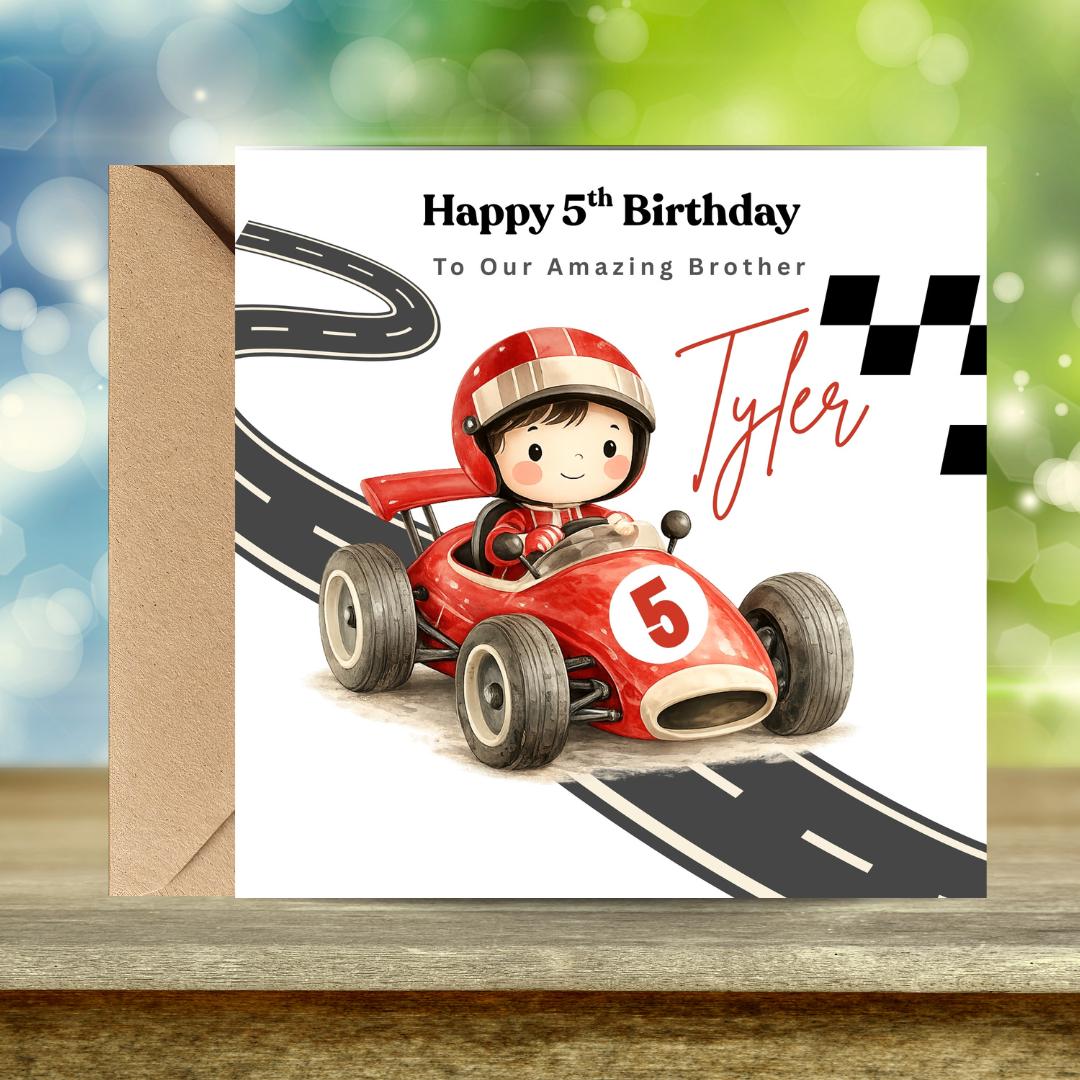 Race Car Birthday Card For Boys 5 Years, Custom Name Kid Boys Racing Cards