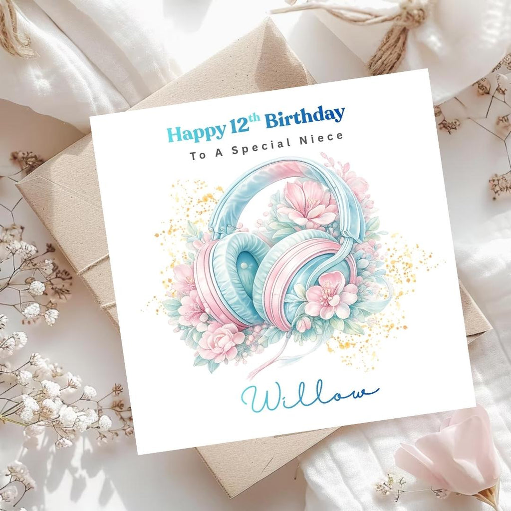Personalized 12th Birthday Card, Music Lover Headphones, Custom Name Card For Daughter