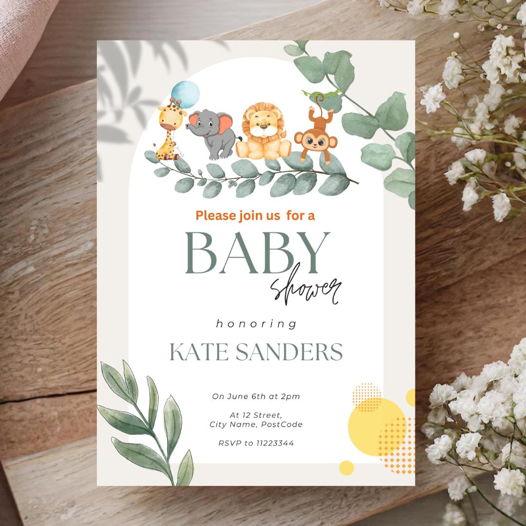 Baby Shower Invitation Template, Jungle Safari Baby Animals Shower Invite, Editable Gender Neutral Baby Shower, Digital Download