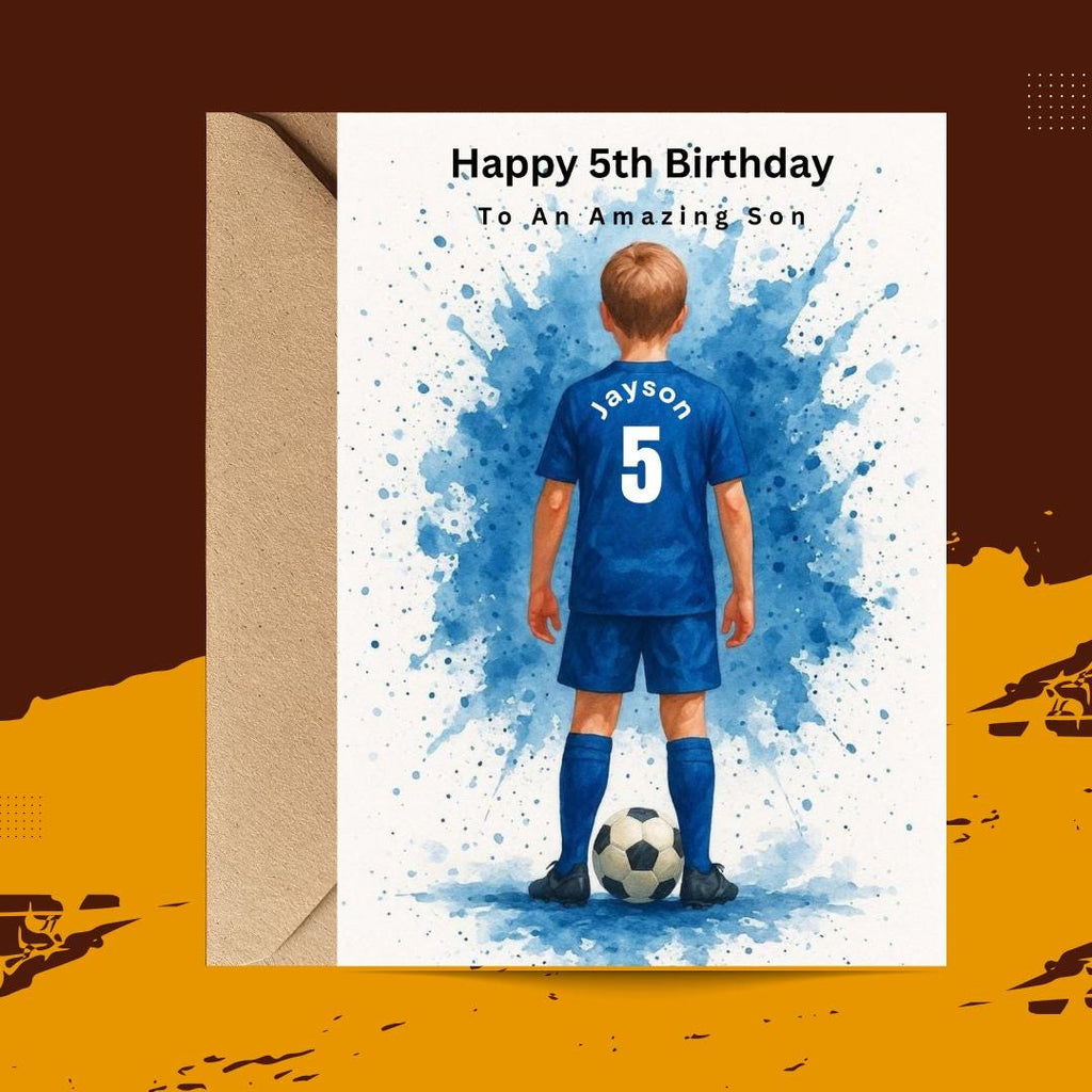 Personalized Football Birthday Card for Son, Custom Name Soccer Card, Age 5